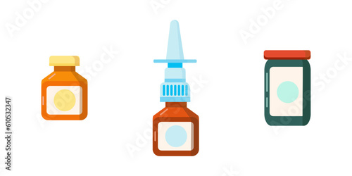 Colored icons are medicine for medicine. Illustration of nasal drops, medicine bottles and vitamin chemicals