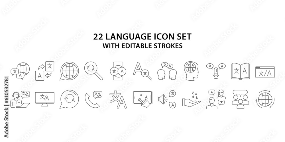 Obraz premium Language icon set. Language web icon set in line style. Set of outline linguistics icons. Minimalist thin linear web icon set. vector illustration.