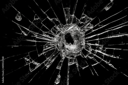 Broken glass multiple bullet holes in glass isolated on black