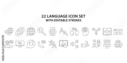 Language icon set. Language web icon set in line style. Set of outline linguistics icons. Minimalist thin linear web icon set. vector illustration.