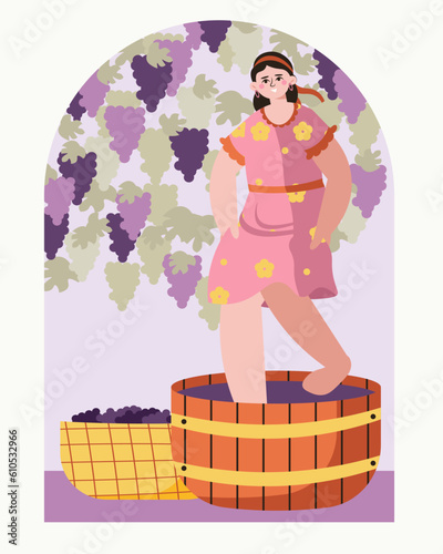 Beautiful lady in dress standing in garden with grapes and crushing berries with feet in basket. Home wine production concept. Flat vector illustration in purple and yellow colors