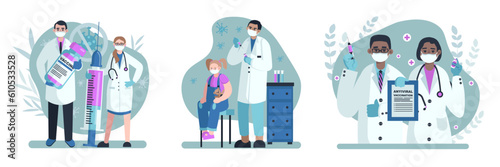 Set of cartoon medical workers urge people to give vaccinations. Child sitting in ward, doctor preparing to give injection with antiviral agent. Flat vector illustration in blue colors