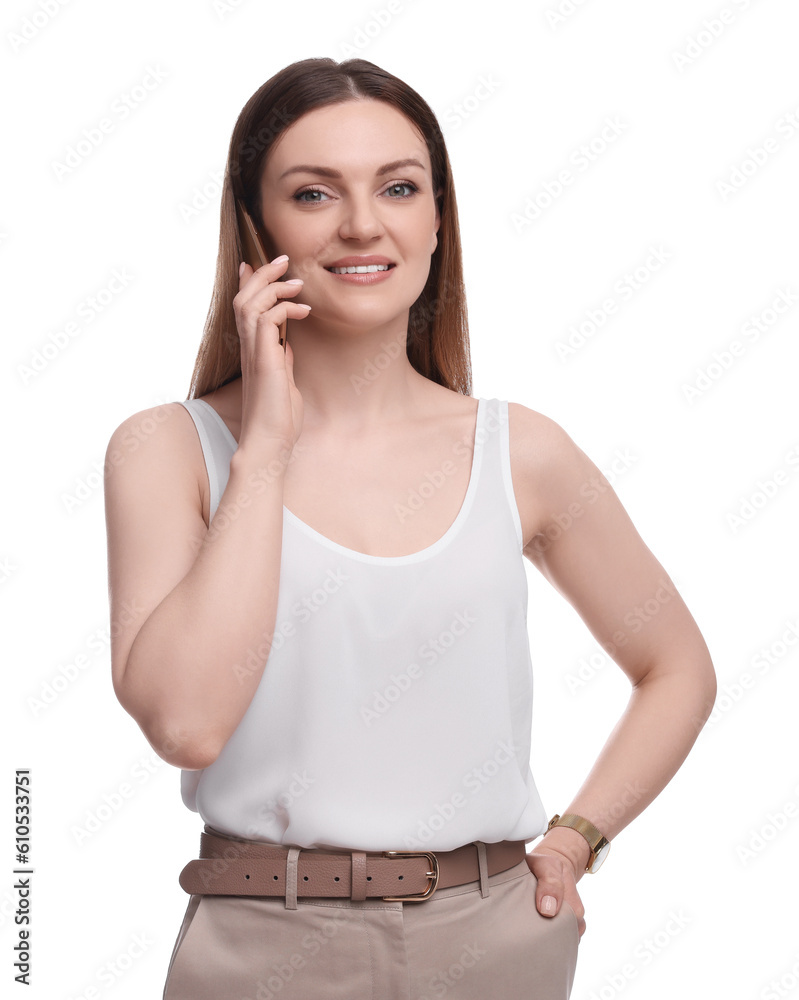 Beautiful businesswoman talking on smartphone against white background Beautiful businesswoman talking on smartphone against white background