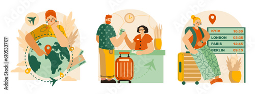 Set of different passengers ready to travel. Woman looking at location on globe, male check in and receive ticket, female sitting on trolley bag and waiting for plane. Flat illustration