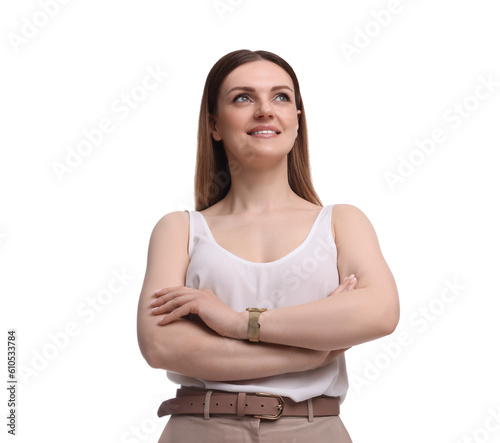 Beautiful happy businesswoman crossing arms on white background © New Africa