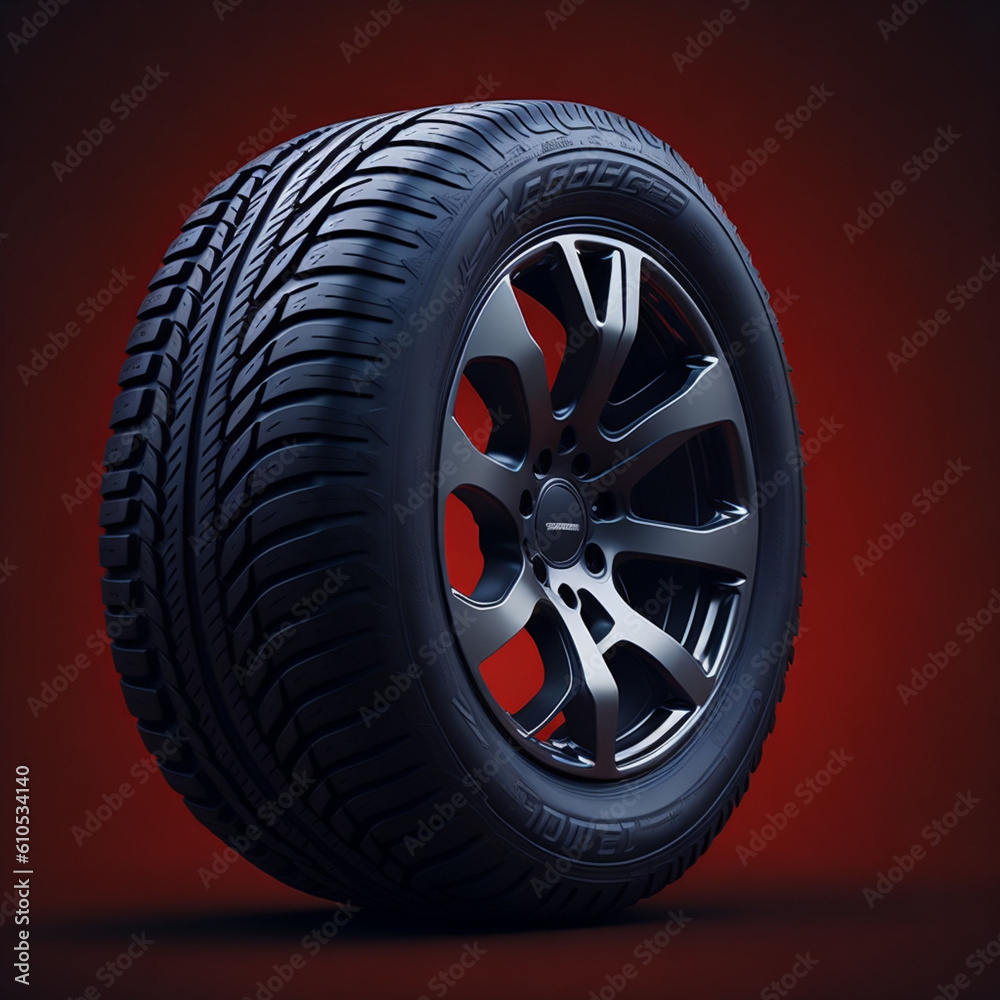 Obraz premium Car wheel on a red background. 3d illustration.
