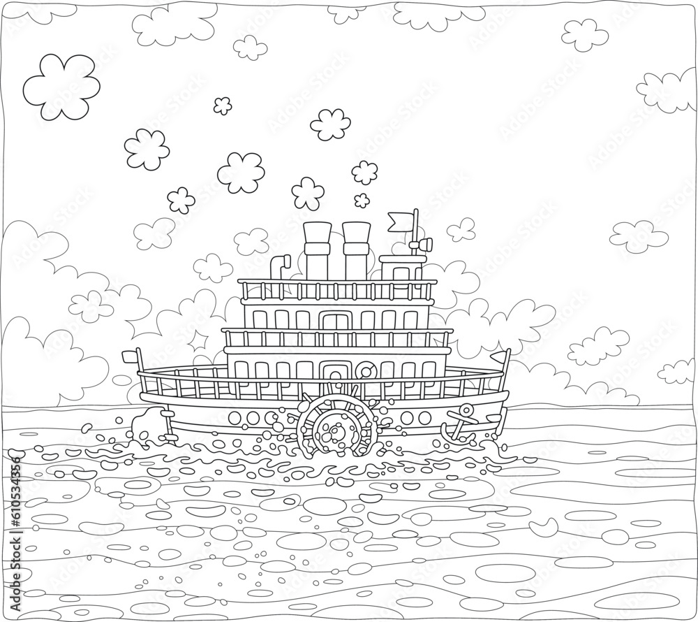 Funny retro paddle passenger steamboat with large wheels attached to its sides sailing on a sea on a beautiful summer day, black and white vector cartoon illustration for a coloring book