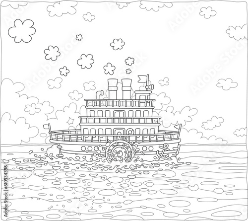 Funny retro paddle passenger steamboat with large wheels attached to its sides sailing on a sea on a beautiful summer day, black and white vector cartoon illustration for a coloring book