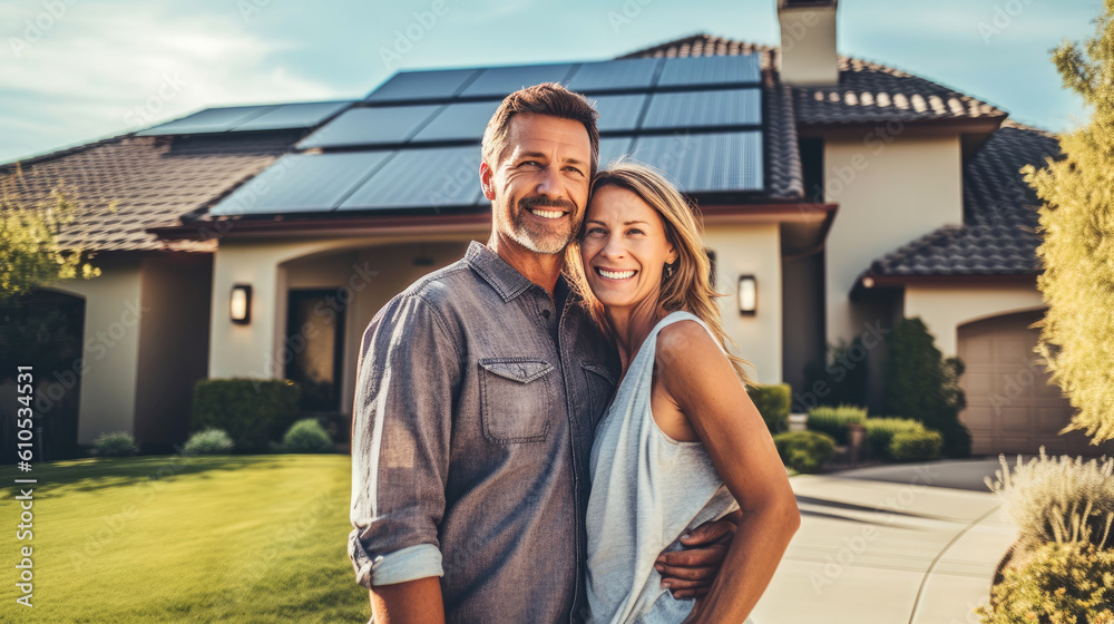 A happy couple stands smiling in the driveway of a large house with solar panels installed. 