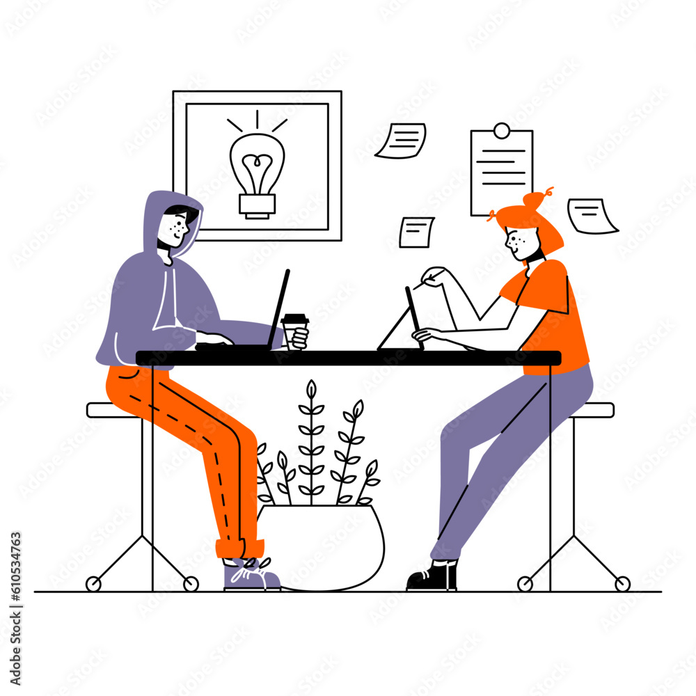 Young creative employees sitting at table, lady working on laptop, female sitting opposite and drawing on tablet. Different employees doing job online in coworking. Flat vector illustration