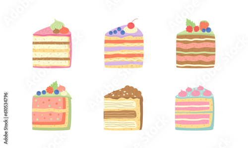 Set of cut pieces of cake with berries, pastry. Happy birthday. Isolated on white background. Colorful decorative design elements. Vector stock illustration.