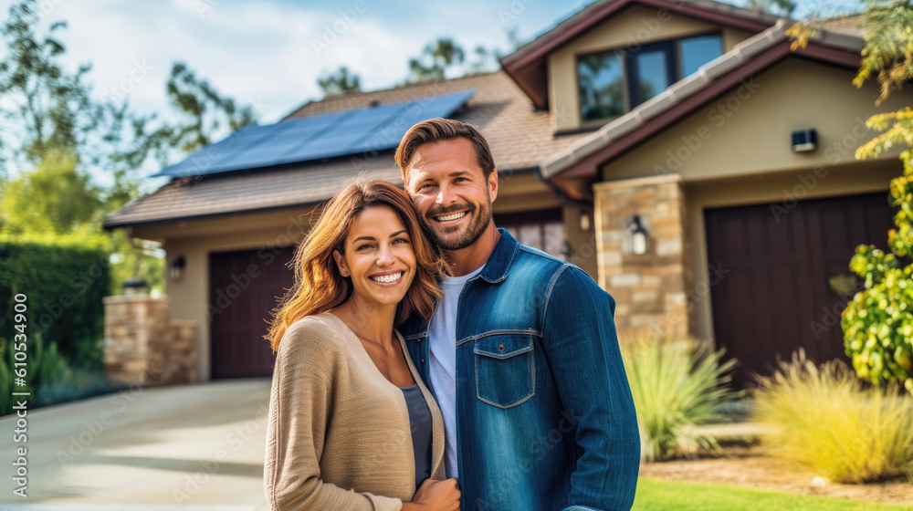 A happy couple stands smiling in the driveway of a large house with solar panels installed. 
