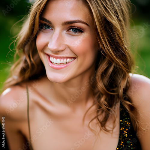 Pretty caucasian woman with a great smile. Headshot. (AI-generated fictional illustration)