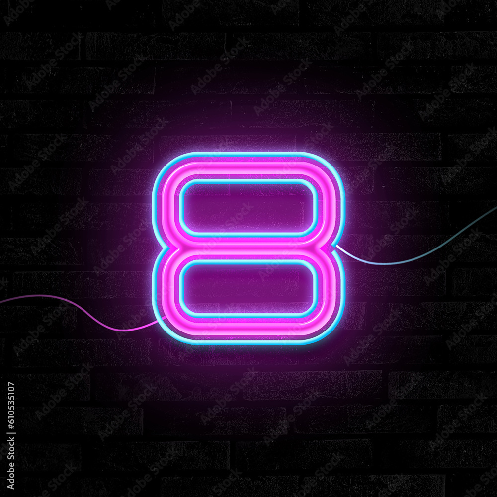Glowing neon number 8 sign on brick wall Glowing neon number 8 sign on brick wall