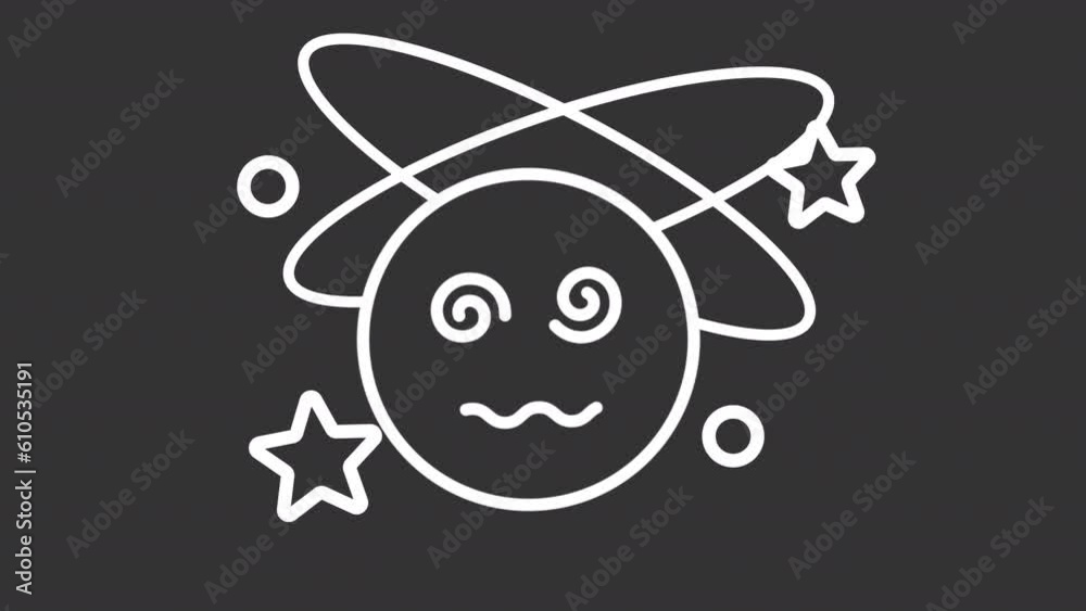 Animated crazy emoji white line icon. Face with spiral eyes animation