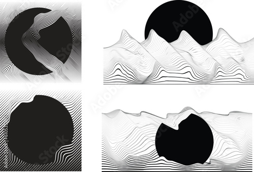 Abstract motion graphic design background . Black circle and horizontal lines . Transition shapes . Movement composition . Vector illustration
