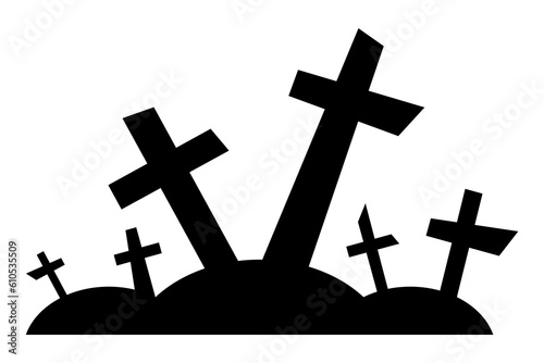 Cemetery black silhouette. Graves with crosses for Halloween design. Cemetery icon. Vector illustration isolated on white background.