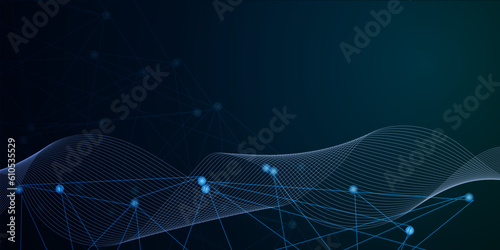 Abstract global pattern geometric polygonal space background and network connections with bokeh points and lines. Abstract blue lines and dots connections, social network communication pattern.