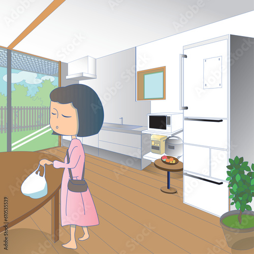 買物から帰ってきてキッチンに荷物を置く女性のベクターイラスト