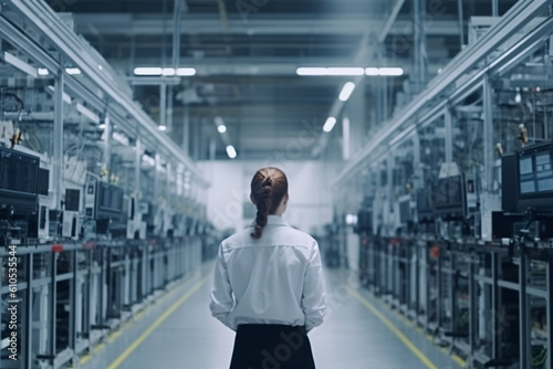 Car Factory Office: Successful Female Chief Engineer Overlooking Factory Production Conveyor, Automated Robot Arm Assembly Line Manufacturing Advanced High-Tech Electric Vehicles, Back View Shot