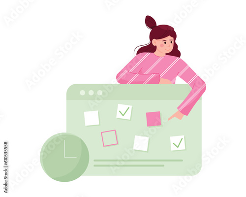 Handsome red haired woman characters organizing her time. Process of managing working schedule. Time management strategy. Productivity and efficiency. Vector illustration on white background