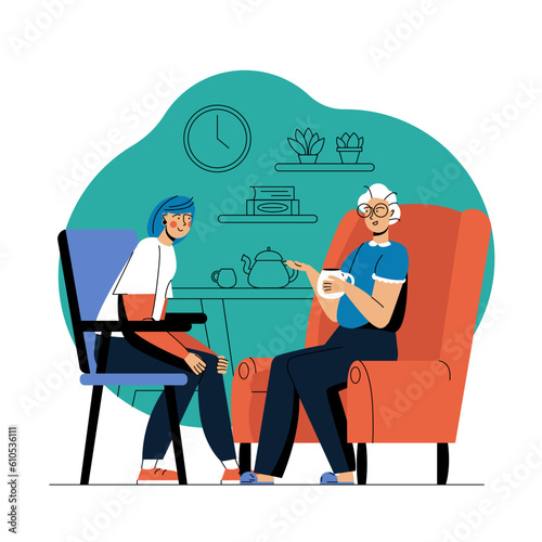 Young lady and old woman sitting on armchair at home, drinking tea and talking. Granddaughter visit grandmother, spending time together. Generations concept. Vector illustration in blue and red colors