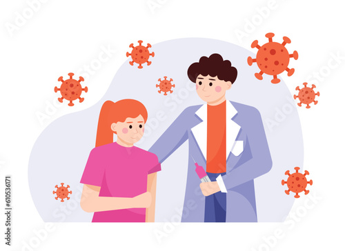 Female doctor in blue coat, holding syringe, young girl prepare to be vaccinated in hospital. Protection from pandemic for kids. Boosting immune system health. Flat vector illustration
