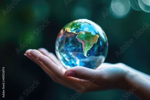Earth Day. Hand holding crystal earth globe. Generative AI