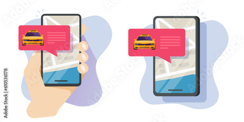 Taxi cab business service mobile cell phone app vector flat graphic illustration image, cellphone application with yellow car vehicle ordered waiting and city map tech in person man hand notice