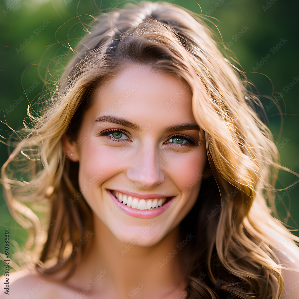 Pretty caucasian woman with a great smile. Headshot. (AI-generated fictional illustration) Pretty caucasian woman with a great smile. Headshot. (AI-generated fictional illustration)