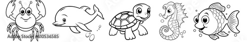 Sea animals - cute Crab lobster, Dolphin, Turtle, Seahorse and Fish, simple thick lines kids or children cartoon coloring book pages. Clean drawing can be vectorized to illustration. Generative AI