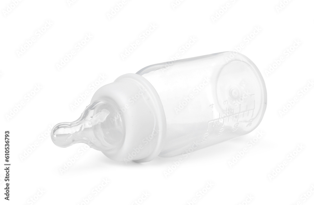 One empty feeding bottle for infant formula isolated on white One empty feeding bottle for infant formula isolated on white