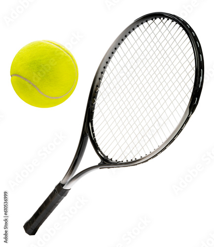 Tennis racket and Tennis ball isolated on white background, Tennis racket and Yellow Tennis ball sports equipment on white PNG File.