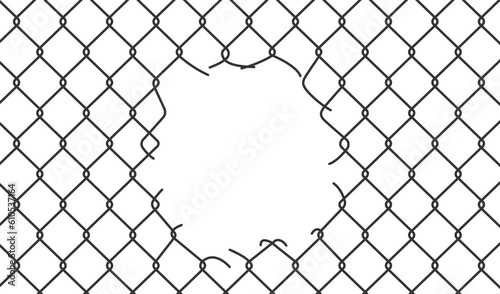Broken wire mesh fence. Rabitz or chain link fence with cut hole. Torn wire pirson mesh texture. Cut metal lattice grid. Vector illustration isolated on white background.