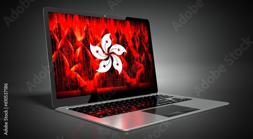 Fototapeta Naklejka Na Ścianę i Meble -  Hong Kong - country flag and hackers on laptop screen - cyber attack concept