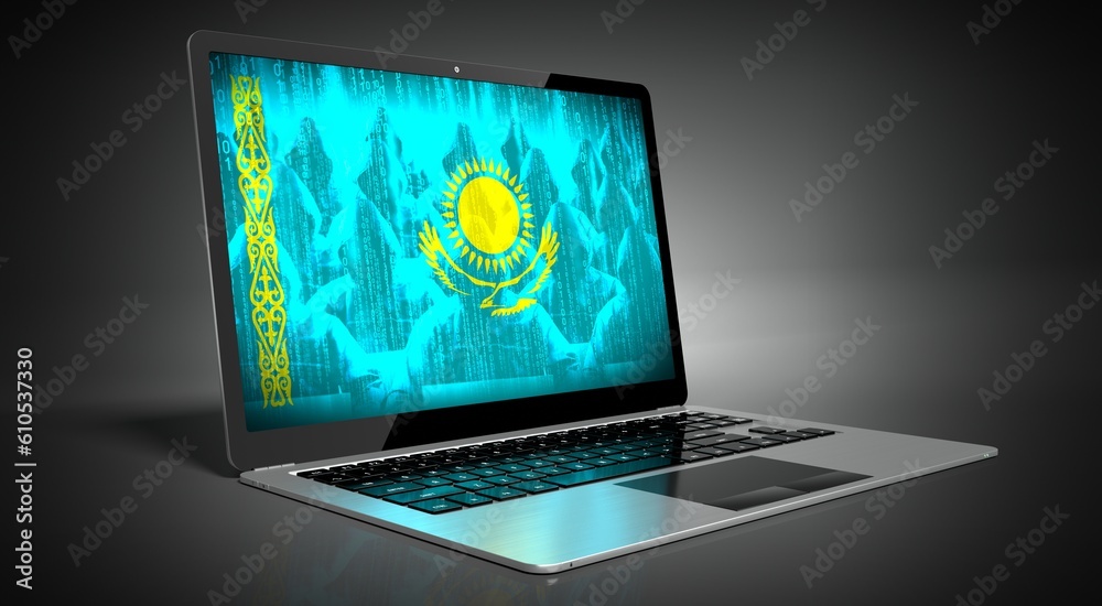Kazakhstan - country flag and hackers on laptop screen - cyber attack concept