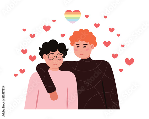 Cartoon couple of men from lgbt community hugging. Young gay couple. Pride parade against violence and discrimination. Homosexuality and tolerance. Vector
