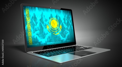 Kazakhstan - country flag and hackers on laptop screen - cyber attack concept