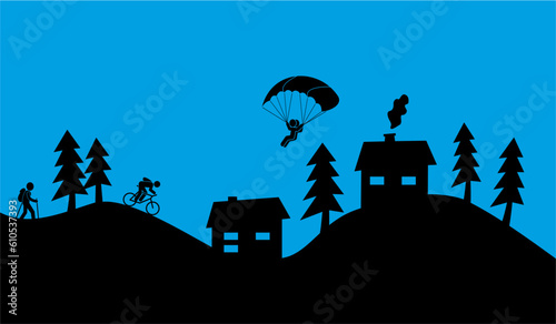 Mountain landscape with houses, trees, tourists, cyclists and paragliders, black silhouette, banner, vector illustration