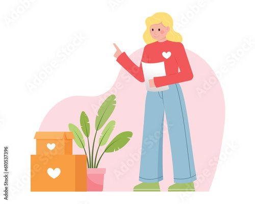 Worker in uniform standing near boxes and potted flowers, holding document and count. Lady working in volunteering organization, helping nature. Vector illustration in red colors