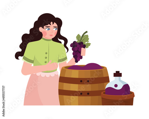 Cartoon female character making wine from organic grapes. Woman dealing with winemaking process. Cartoon people making alcohol drinks. Vector illustration