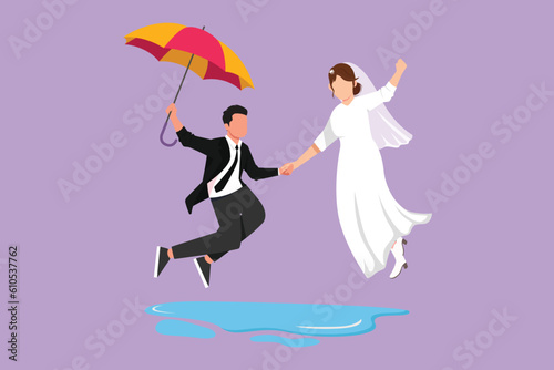 Character flat drawing cute couple in love walking under rain with umbrella and jumping. Man and woman wearing wedding dress. Married couple romantic relationship. Cartoon design vector illustration
