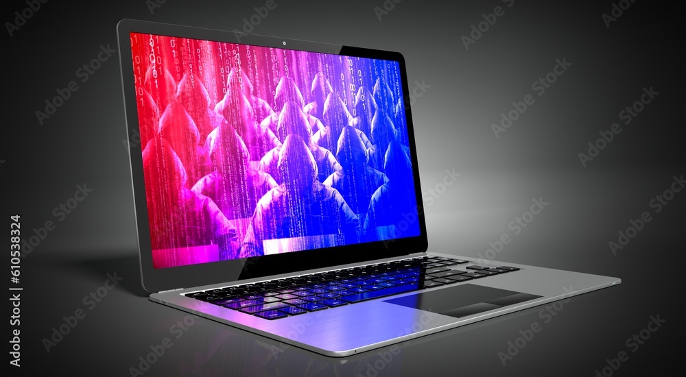 Anonymous hooded hackers on laptop screen - cyber attack concept Anonymous hooded hackers on laptop screen - cyber attack concept