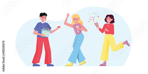 Youth having fun at restaurant party. Ladies toasting to joyous friend. Two cheerful women congratulating happy young man on birthday. Vector illustration