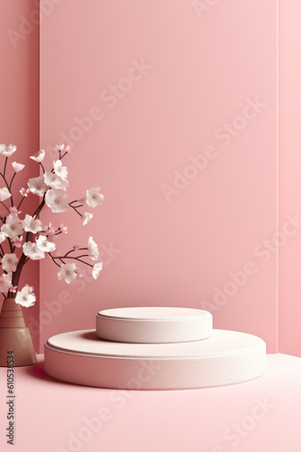 Simple round podium on pink and red background with flowers. Product pedestal for product showcase. Generative AI.