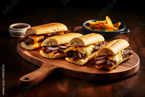 Juicy Cheesesteak sandwich with sides on a brown plate. Dark food photography