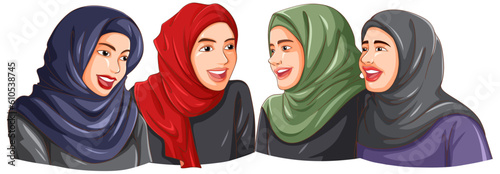 Happy muslim woman wearing hijab friends