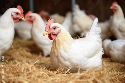 Chicken in a village on a mini farm hay white broilers