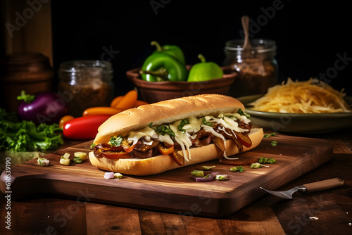 Juicy Cheesesteak sandwich with sides on a brown plate. Dark food photography
