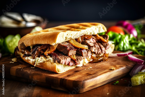 Juicy Cheesesteak sandwich with sides on a brown plate. Dark food photography